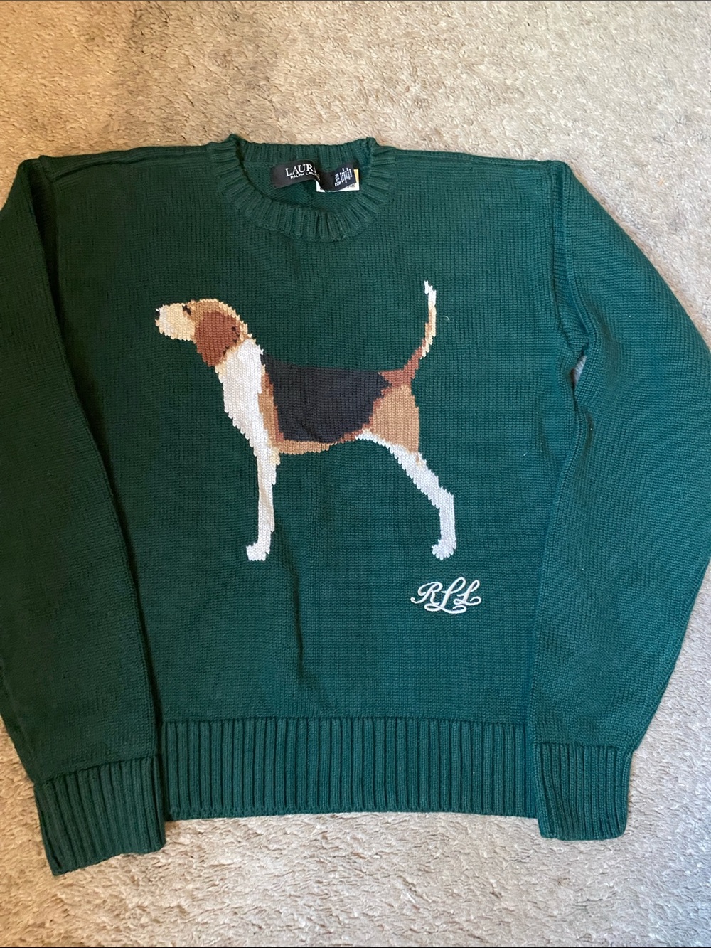 Lauren Ralph Lauren Green Crewneck Sweater with Dog Intarsia